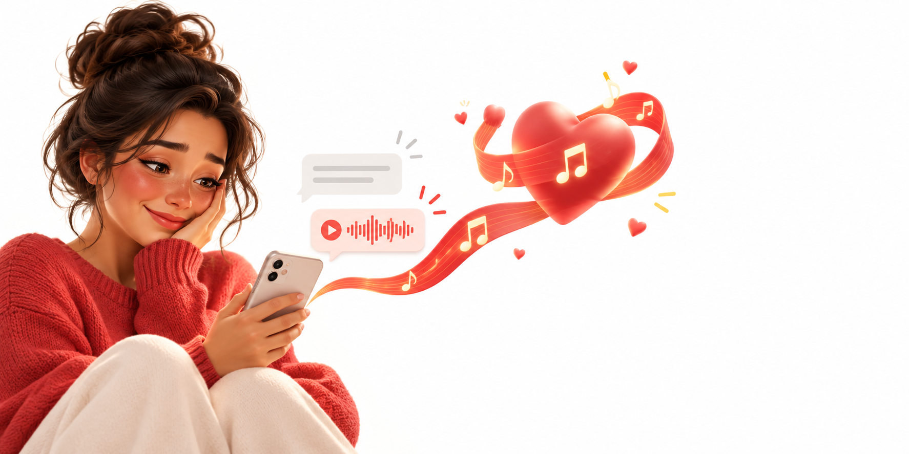 A phone message transforming into a heart-shaped music ribbon