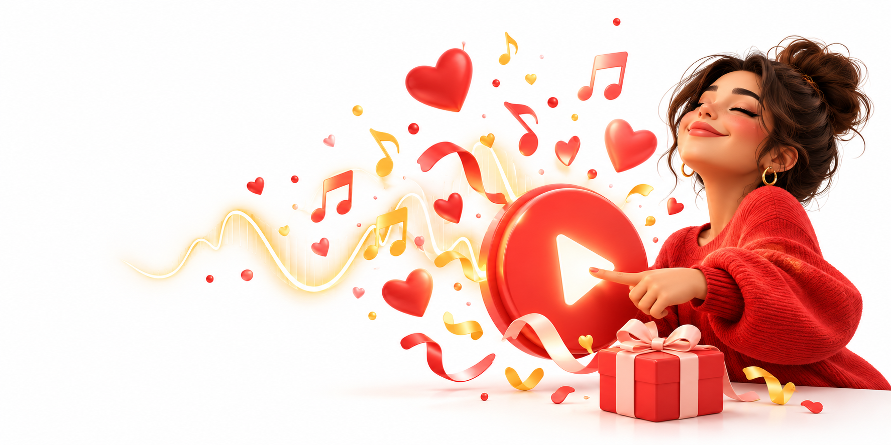 Person pressing a large red play button with hearts and music notes