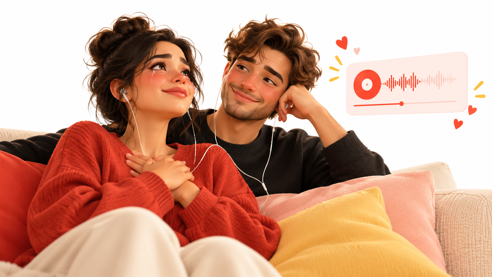 Two people listening to a personal song together